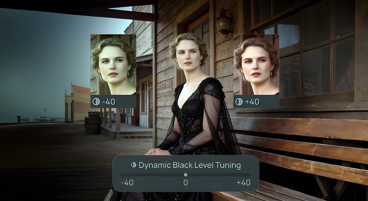 Portrait of a woman in a black gown sitting by a wooden building, with on-screen editing sliders showing -40 and +40.