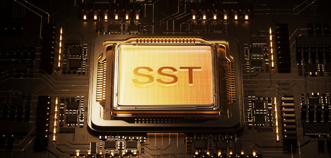 Close-up of a processor on a dark PCB with orange glow and the letters SST on the chip.